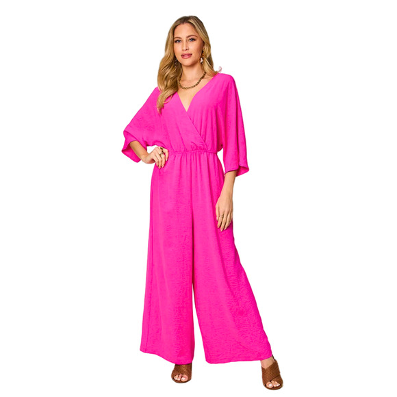 Double Take Full Size Surplice Wide Leg Jumpsuit With Pockets-Size Medium - Picture 1 of 7